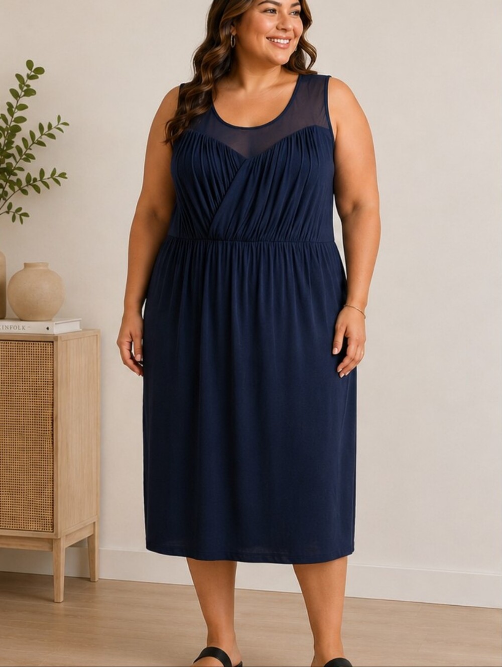 NWT Lane Bryant 14/16 Navy Mesh Ruched Sleeveless Midi Dress